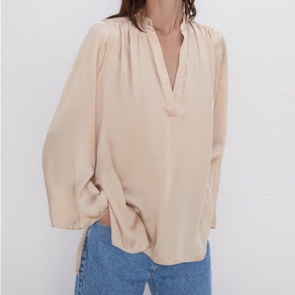 Zara Oversized Gold Satin V Neck Blouse Size S